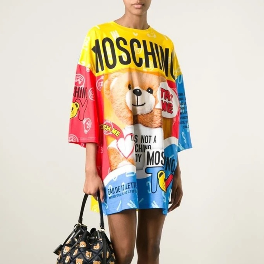 Moschino Oversized Toy Bear Bottle Label Graphic Shirt Dress